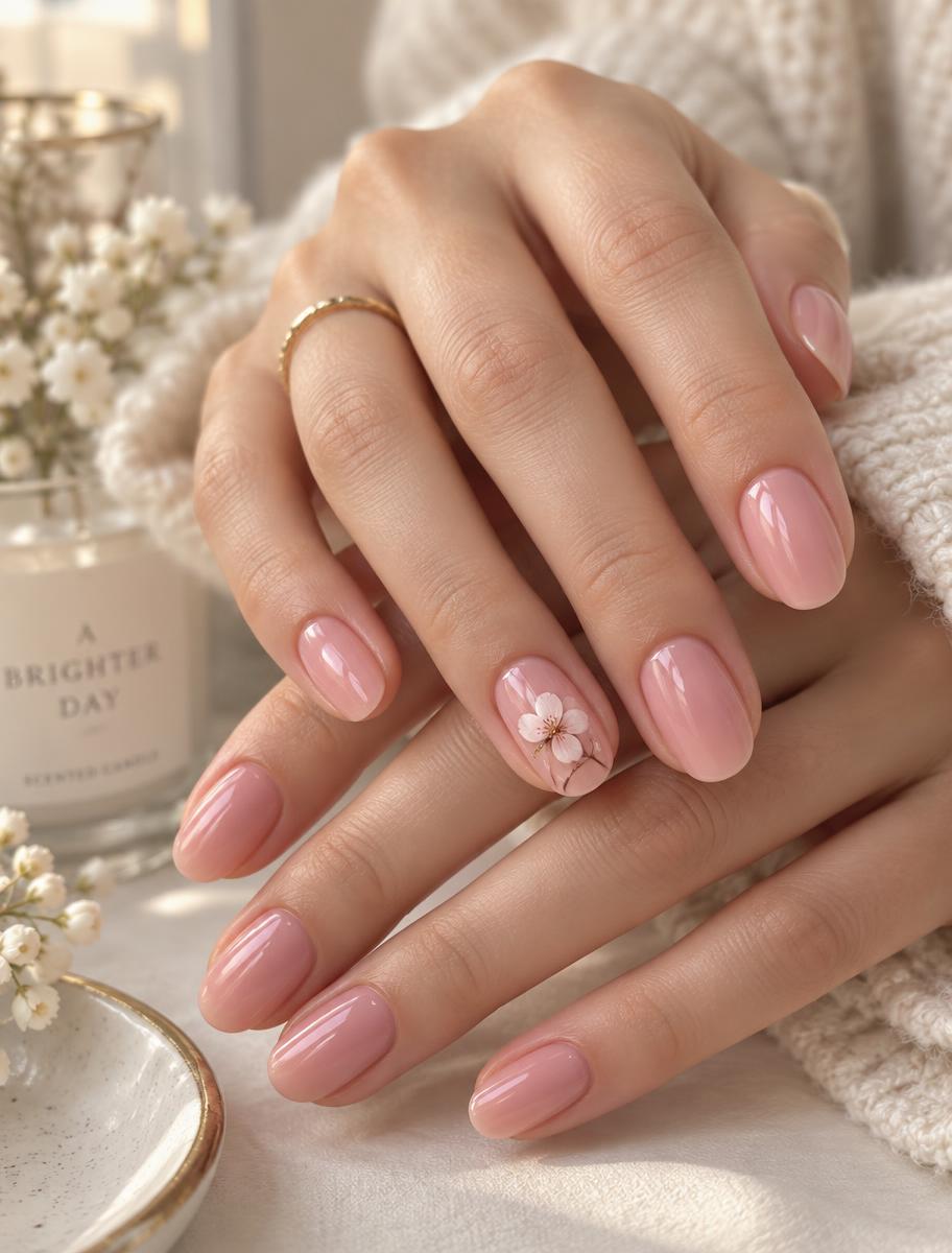 Glossy blush manicure with white flower
