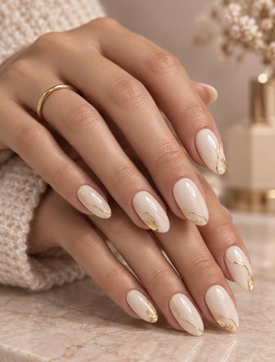 Ivory manicure with fine gold linework