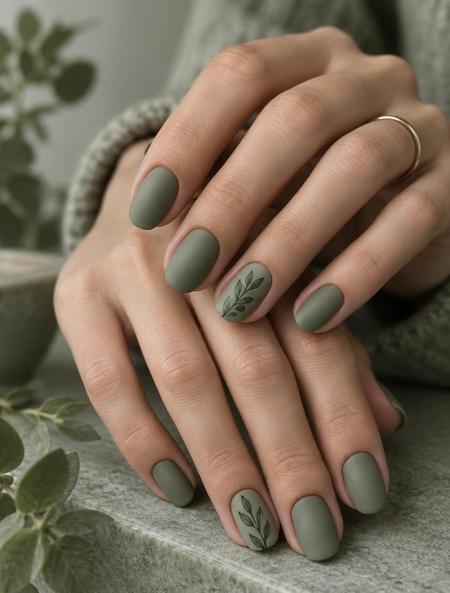 Matte sage green manicure with botanical line art